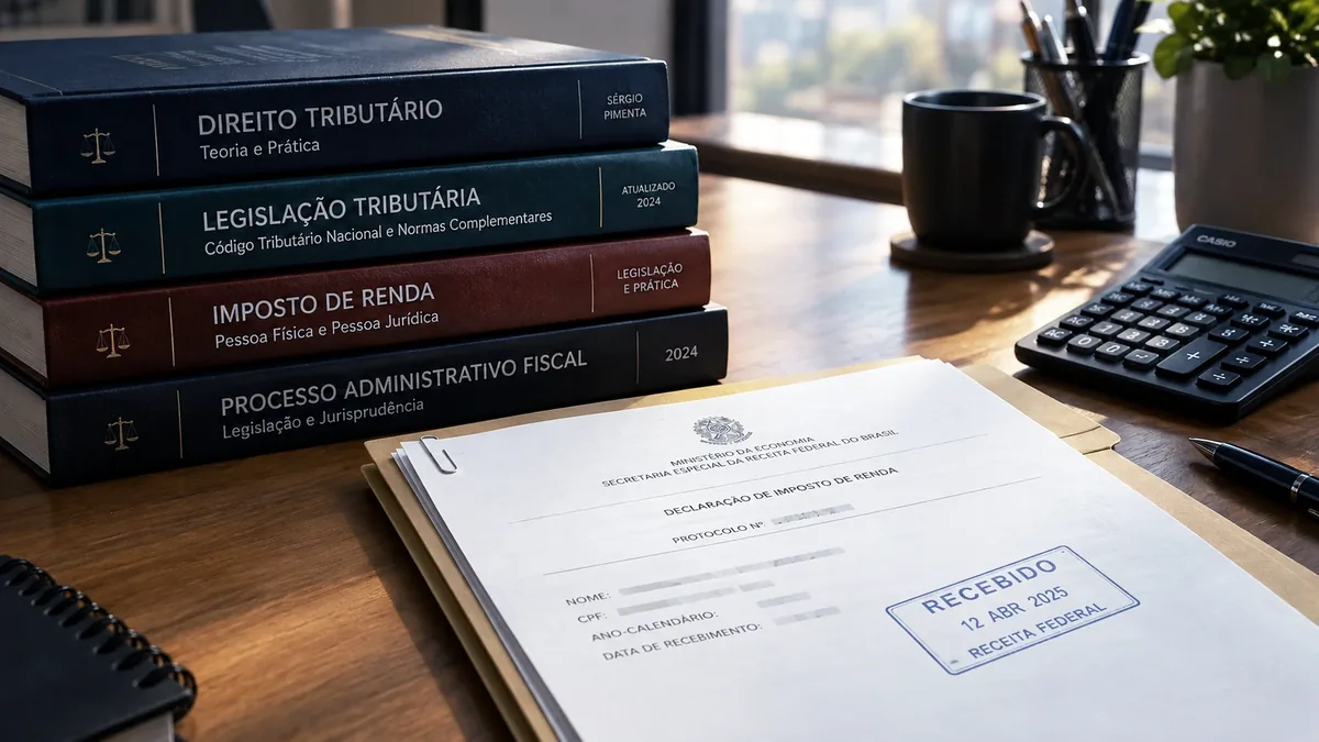 Tax legislation books and a stamped tax document on an office desk