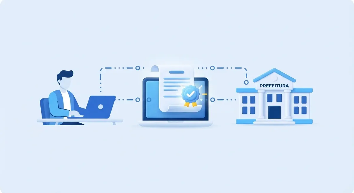 Illustration of a service provider issuing an NFS-e on the computer, connected to the city government
