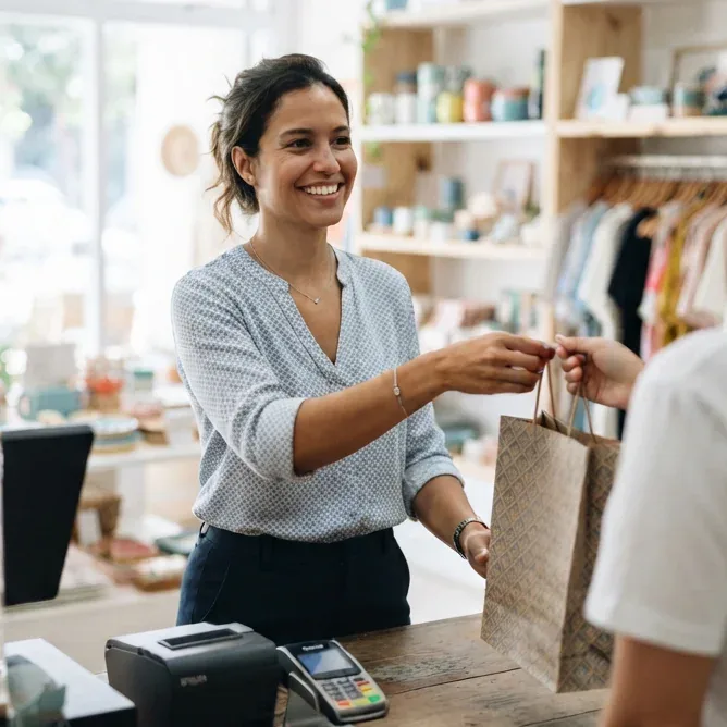 Smiling shopkeeper handing a shopping bag to a customer at the store counter