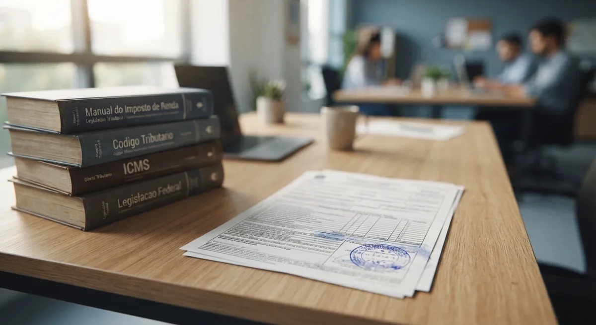 Livros de legislação tributária e documento fiscal carimbado em mesa de escritório