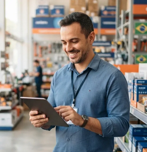 Empresário sorridente usando tablet em sua loja