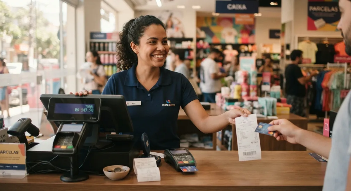 Saleswoman handing a printed invoice and card to a customer at the store checkout