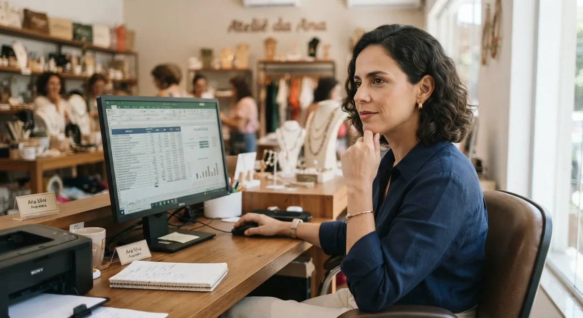 Businesswoman reviewing tax data on a computer in her store
