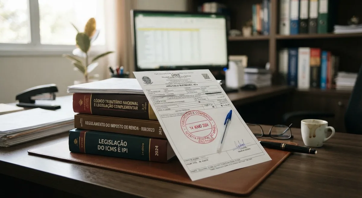 Tax legislation books and a stamped tax document on an office desk