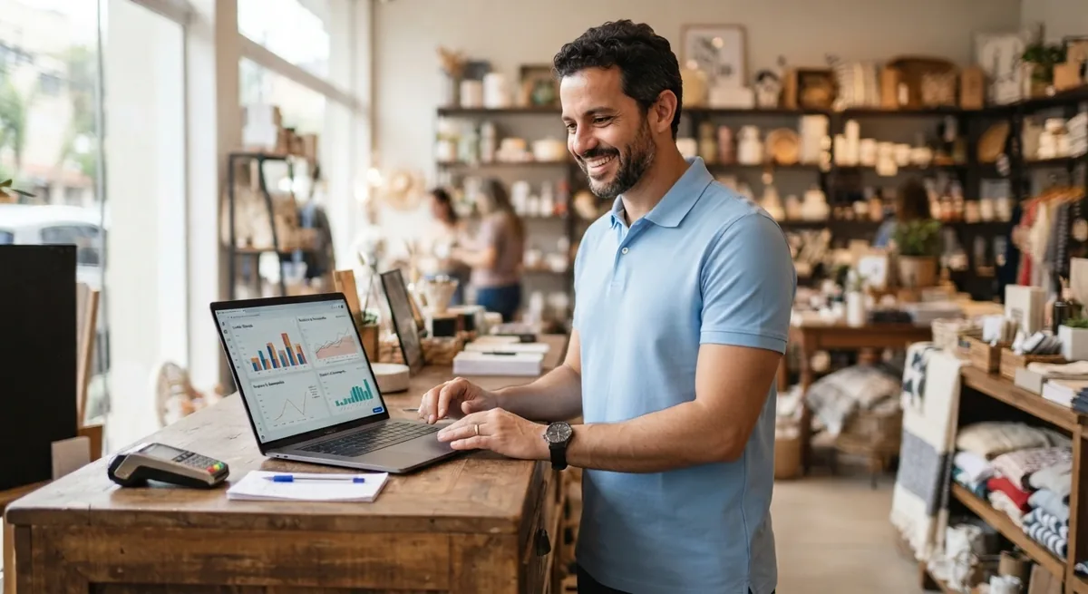 Smiling businessman reviewing charts and reports on a laptop in his store