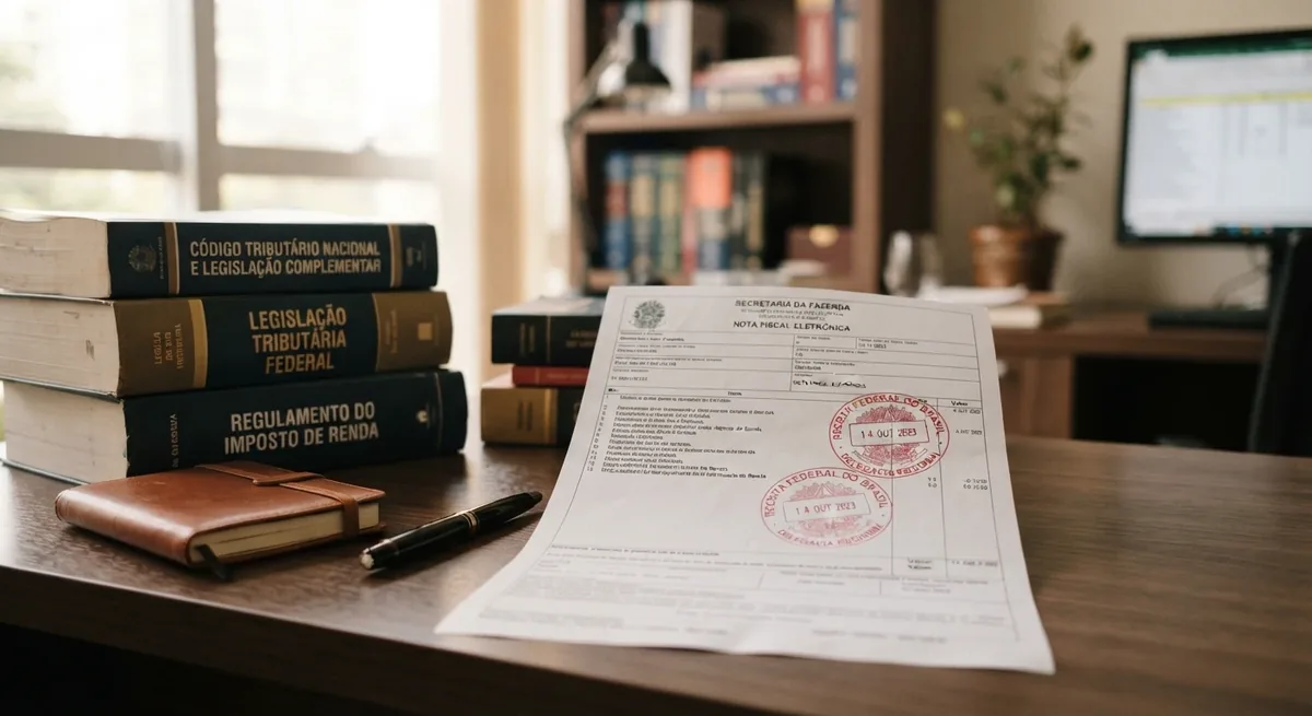 Tax legislation books and a stamped electronic invoice on an office desk