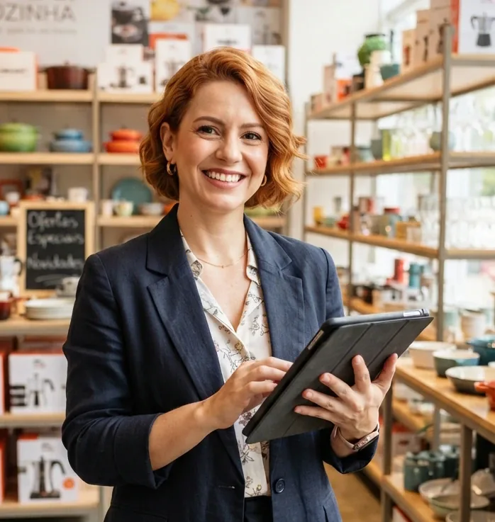 Smiling businesswoman using a tablet in her store