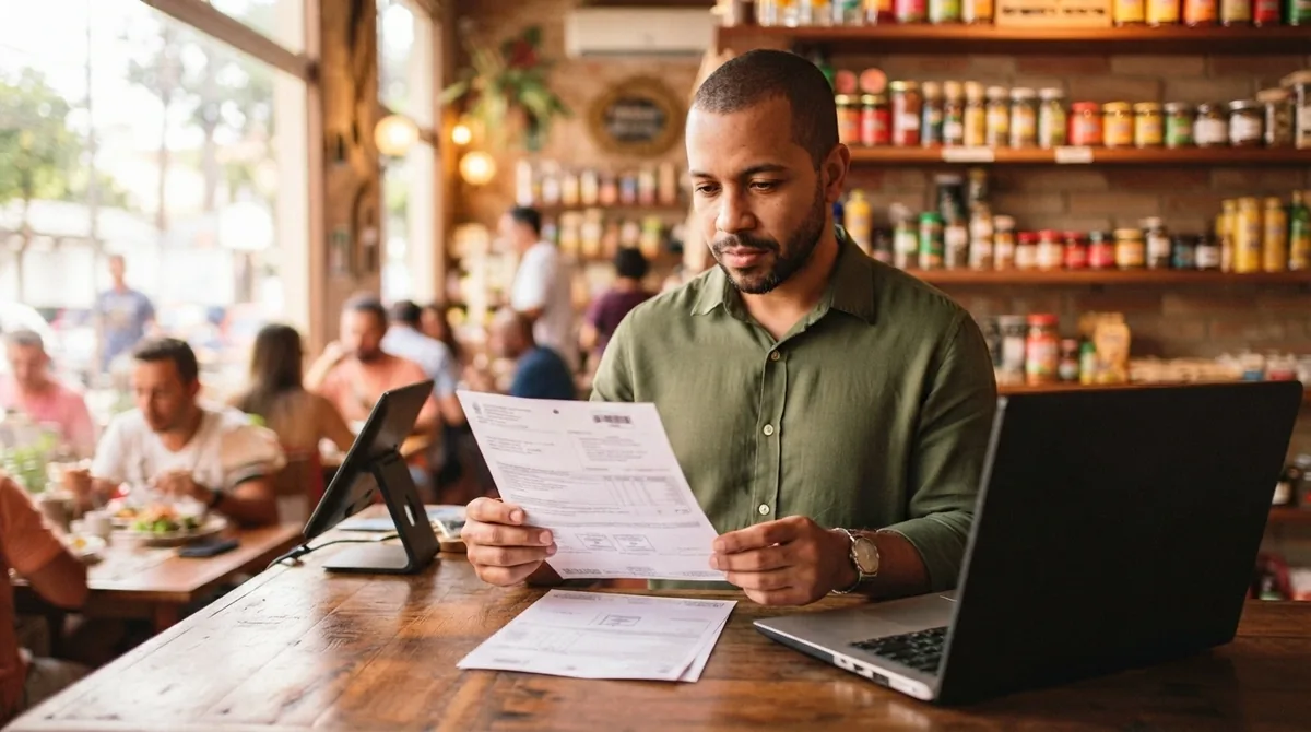 Shopkeeper reviewing a tax document next to a laptop in his store