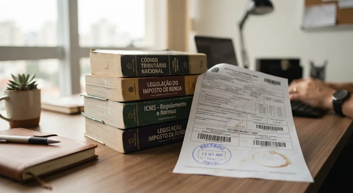 Tax legislation books and a stamped electronic invoice on an office desk