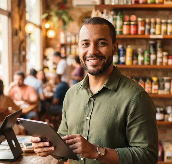 Smiling businessman using a tablet in his store