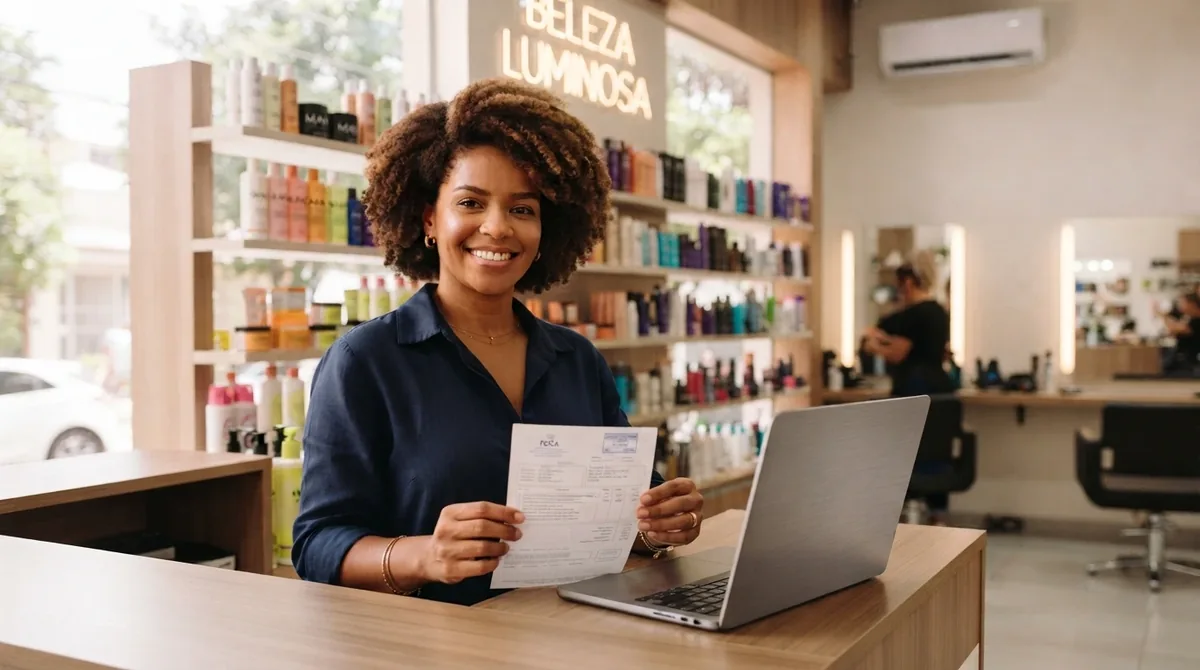 Businesswoman showing a tax document next to a laptop in her store