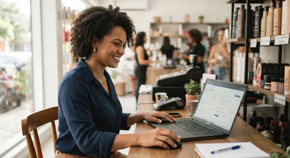 Businesswoman issuing an electronic invoice on a laptop in her store