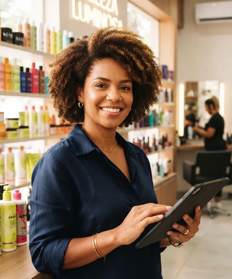 Smiling businesswoman using a tablet in her store