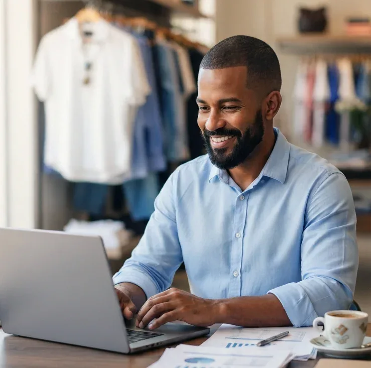 Smiling business owner using a laptop in his store