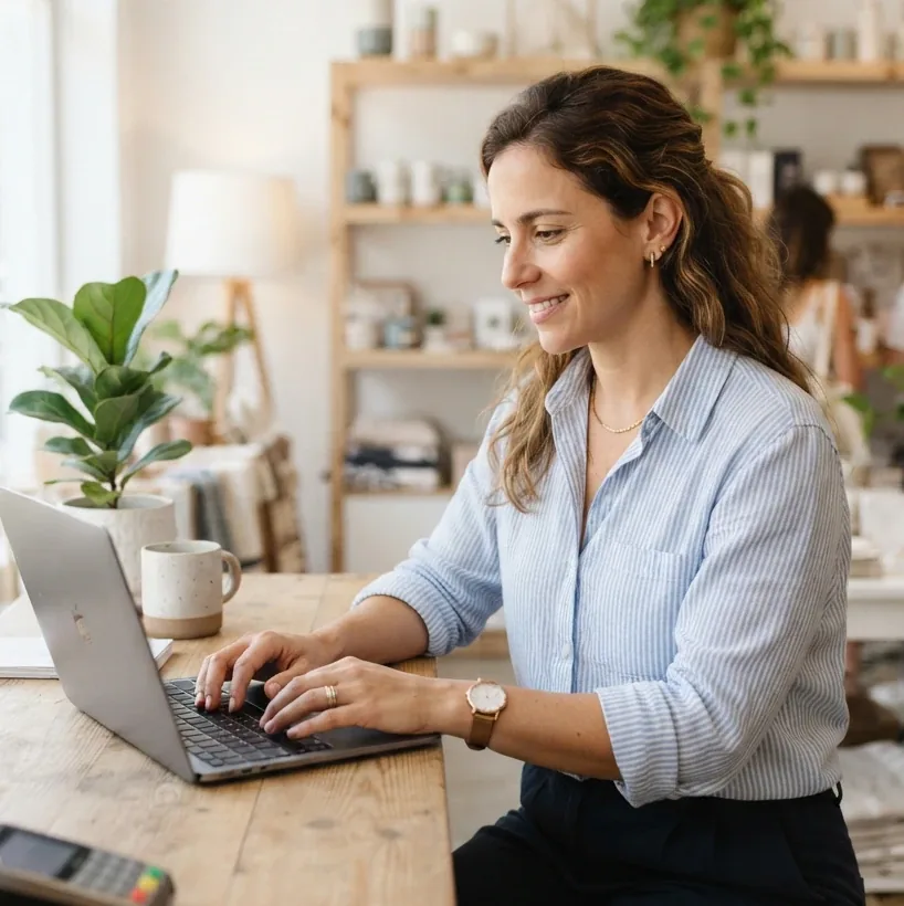 Smiling business owner managing her store from her laptop