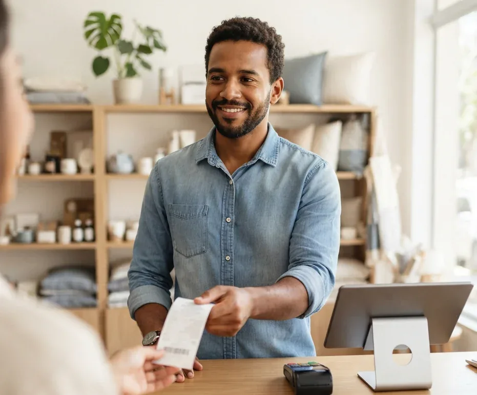 Merchant handing the fiscal receipt to the customer at the store checkout