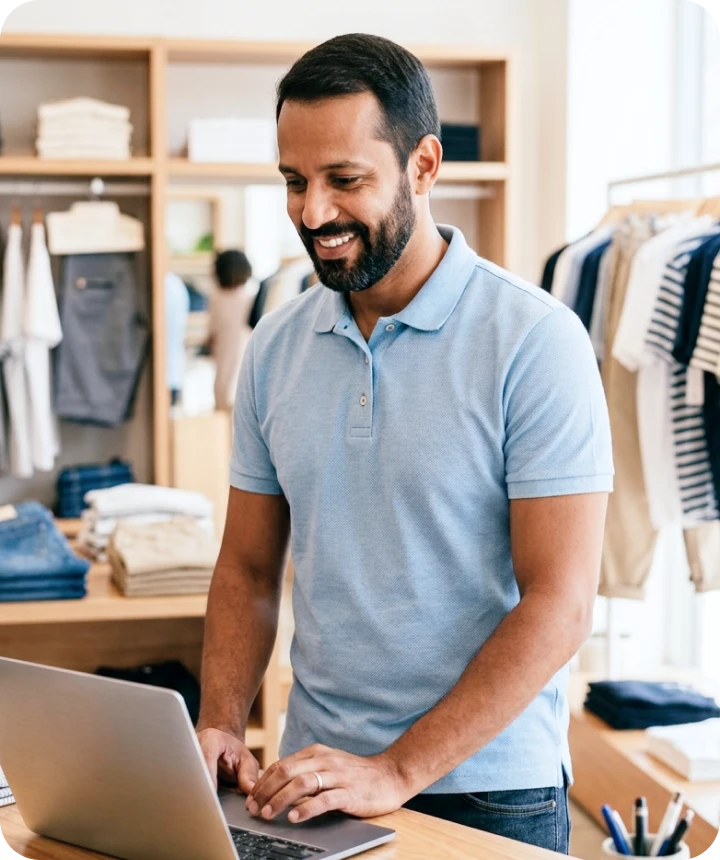 Shop owner smiling while using a laptop at the store counter