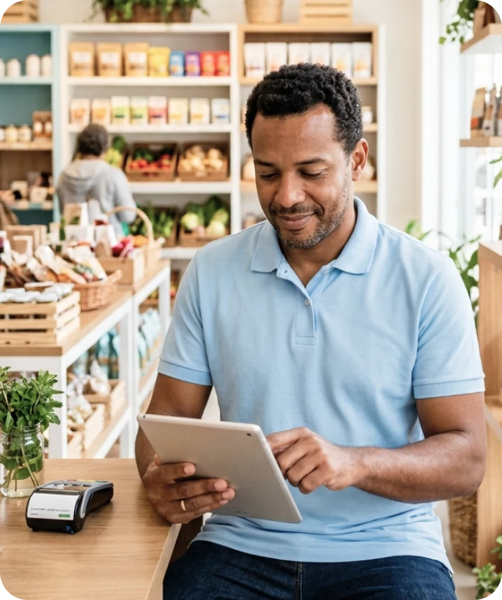 Smiling shop owner using a tablet at the counter of a natural products store, with a card machine beside him