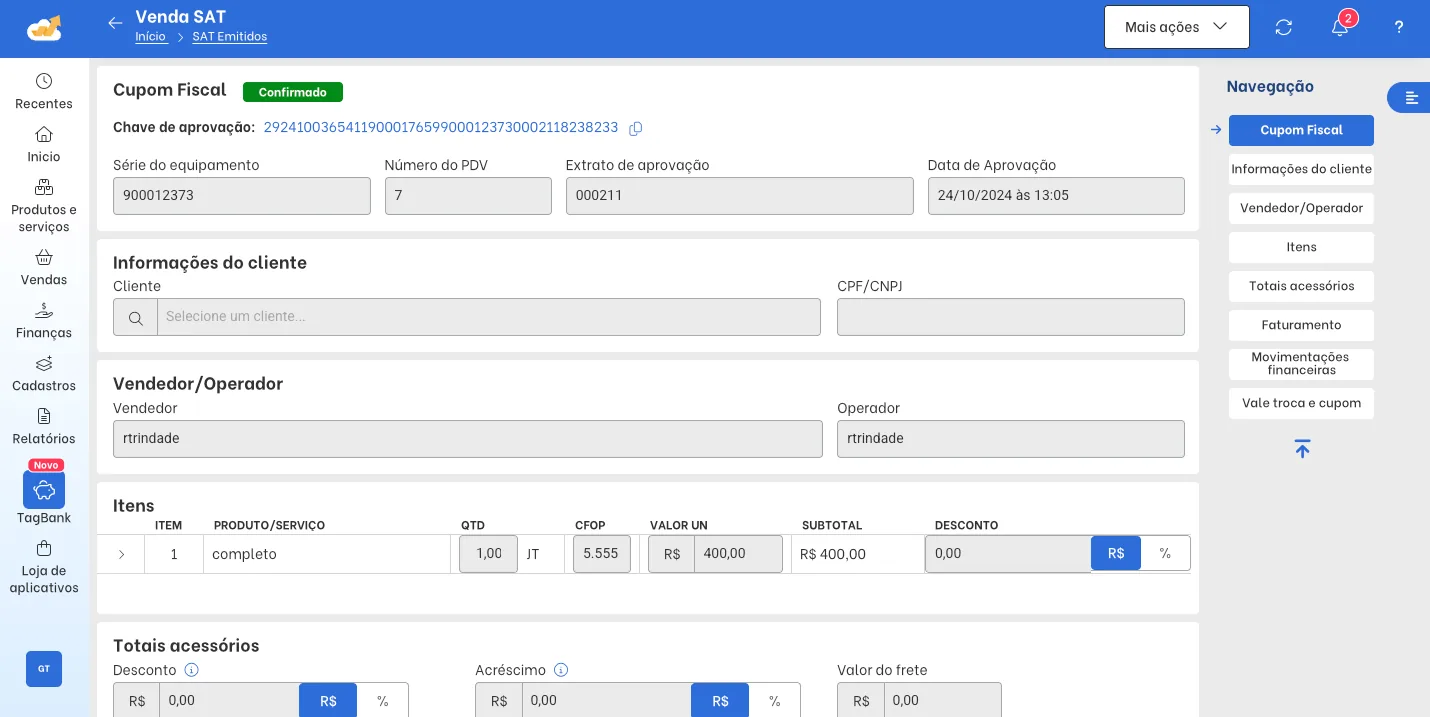 Tax receipt screen — SAT sale in TagPlus