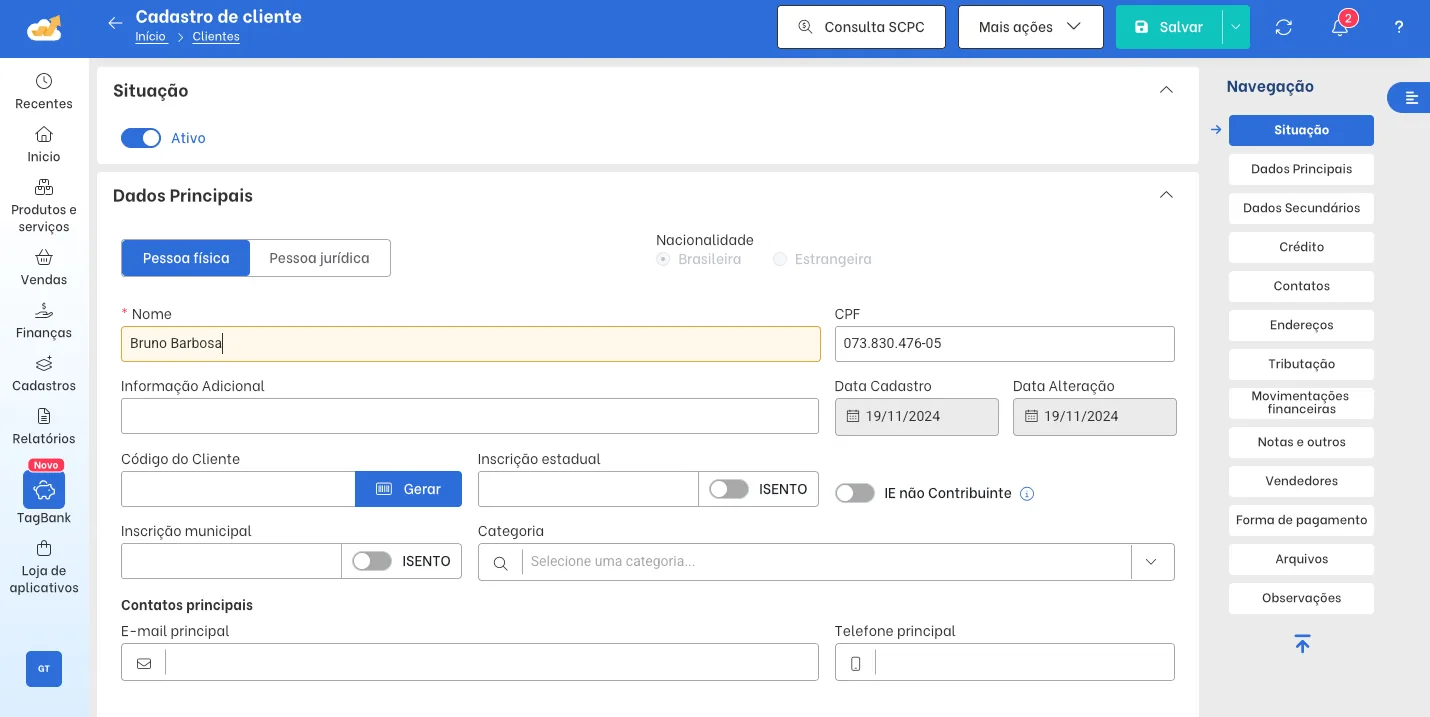 Customer registration screen in TagPlus