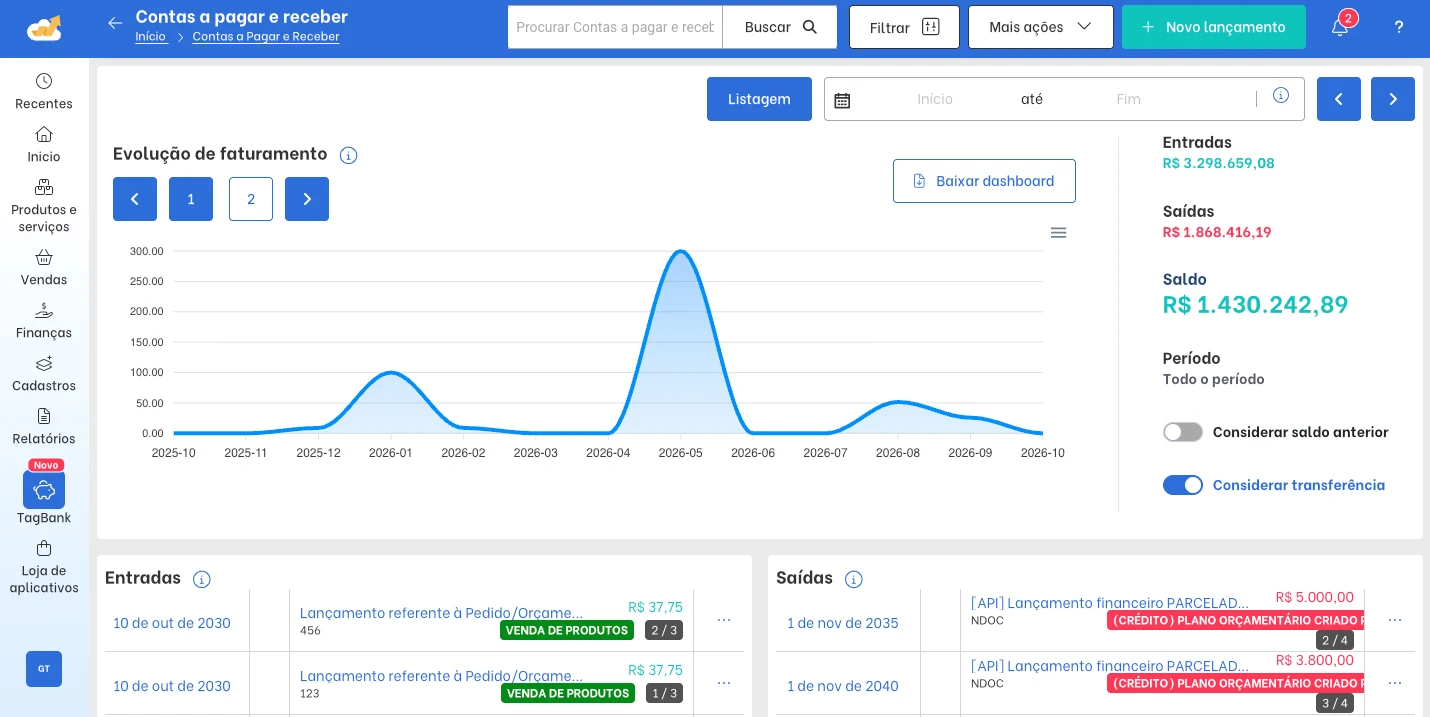 Accounts payable and receivable screen in TagPlus