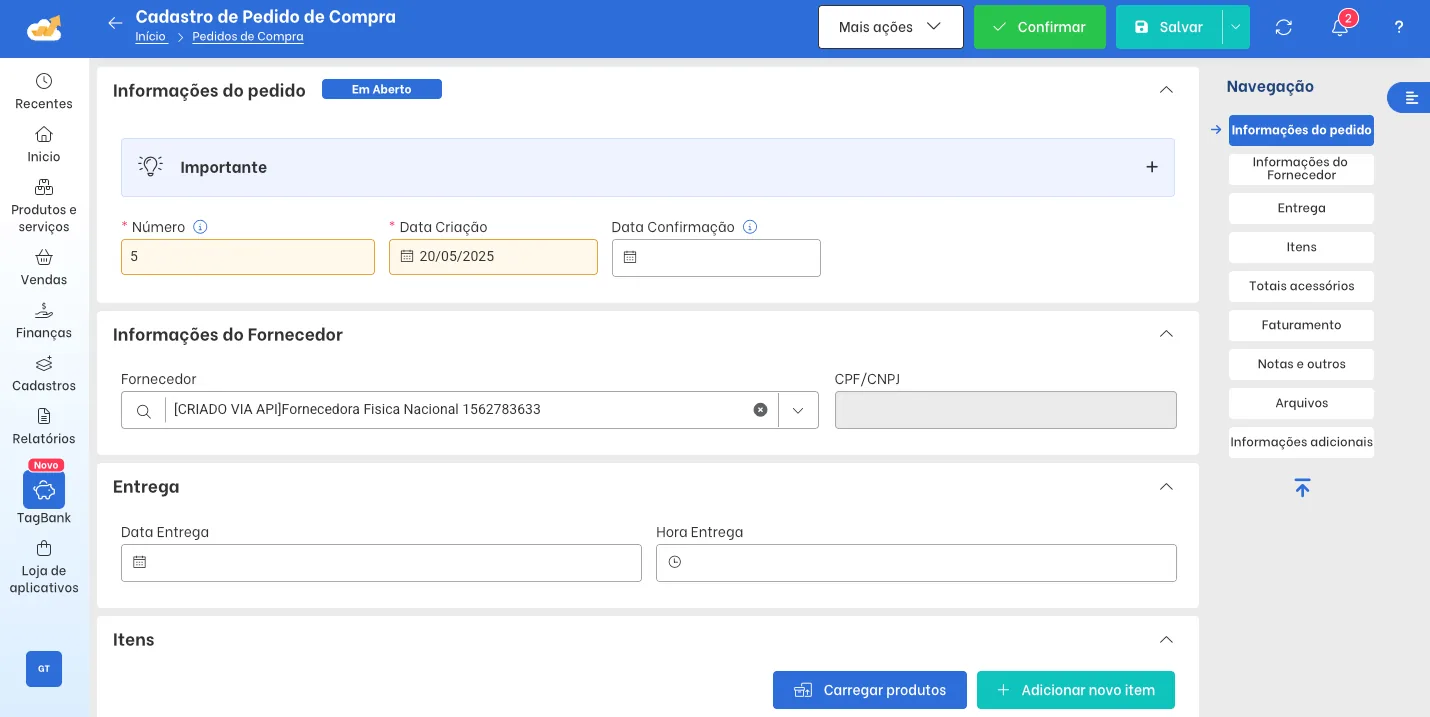 Purchase order screen in TagPlus
