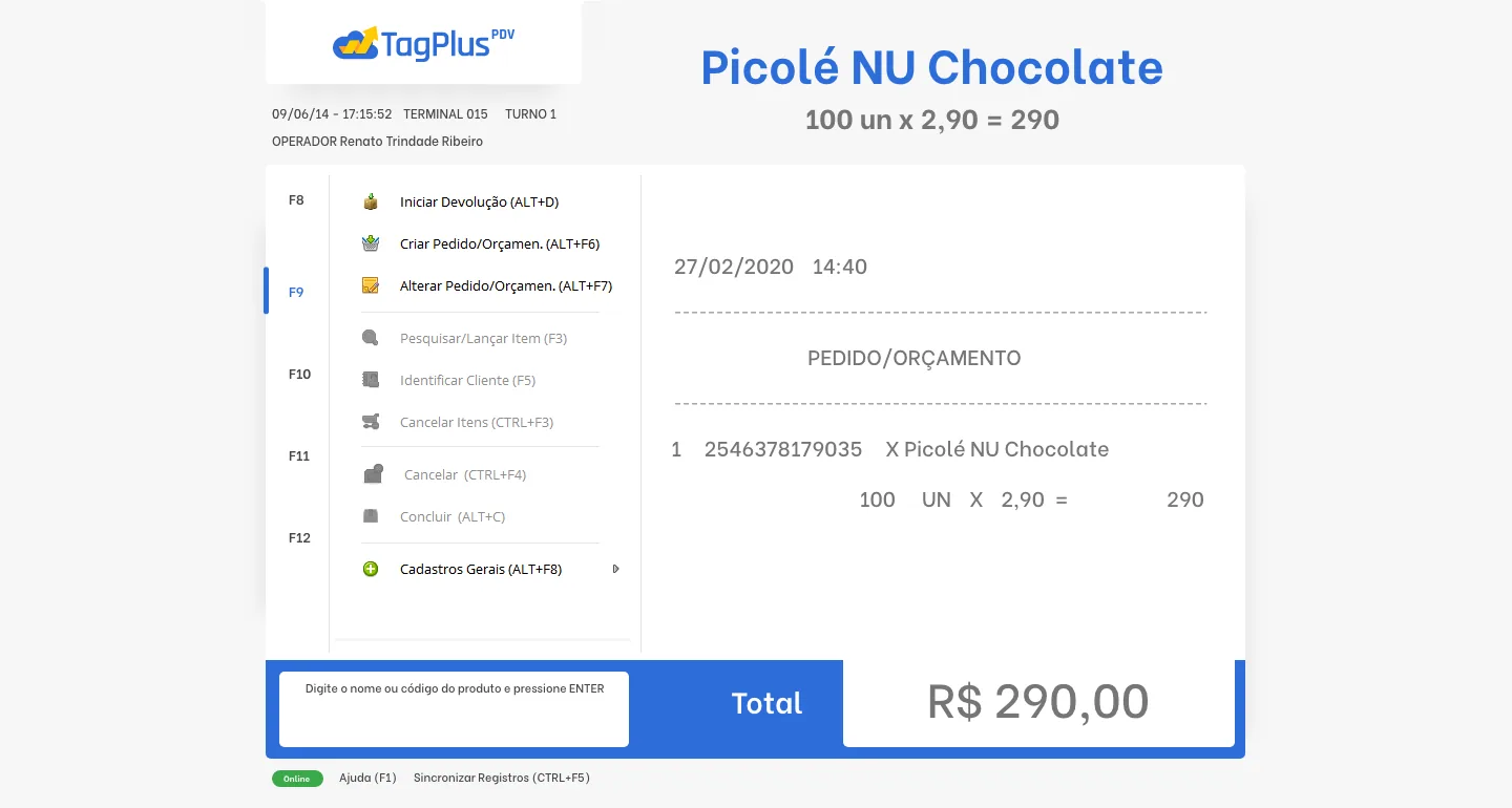 TagPlus Point of Sale (POS) screen