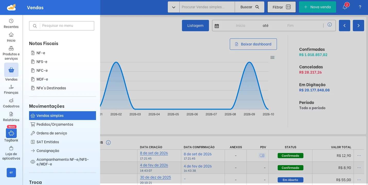 Sales control screen in TagPlus