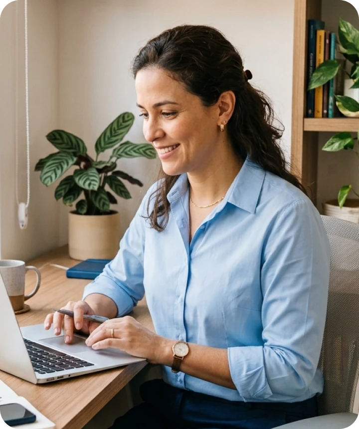 Independent consultant sitting in an office, smiling while working on a laptop