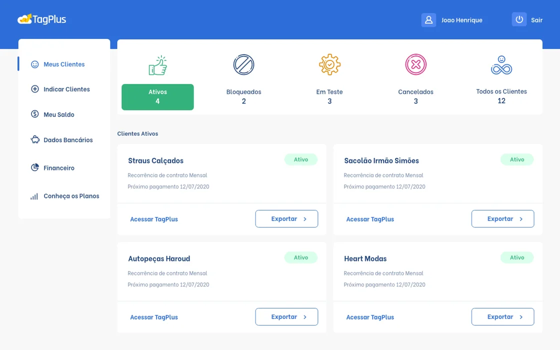 Reseller dashboard showing the list of active, blocked, trial and cancelled clients