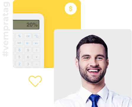 Imagem demonstrativa, homem sorridente e uma calculadora