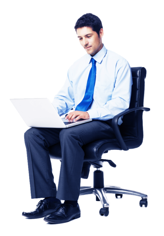 Imagem demonstrativa, homem de terno sentado, usando um notebook