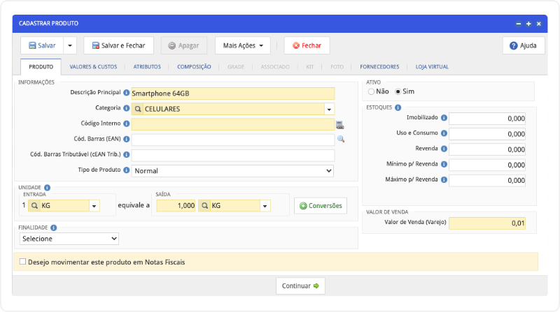 Cadastro facilitado de Produtos, Kits, Grades e Composições