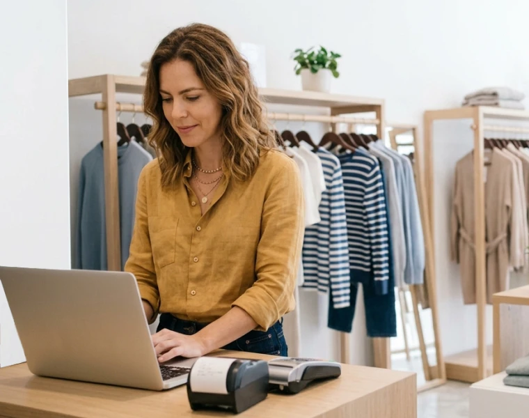 Dona de loja de roupas usando o TagPlus no notebook