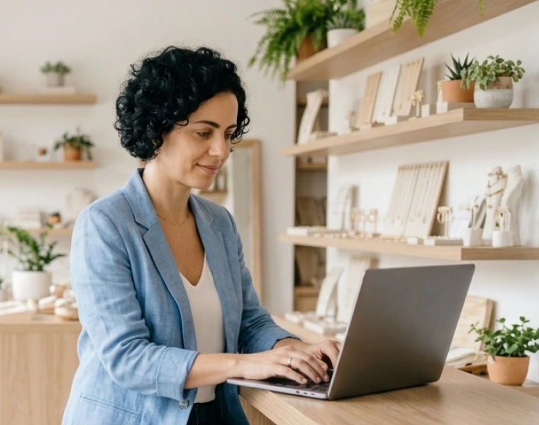 Comerciante de acessórios usando o TagPlus no notebook