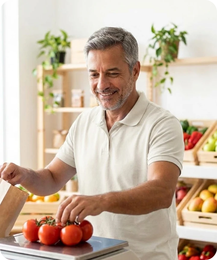 Comerciante conferindo tomates na balança entre caixas de frutas e verduras