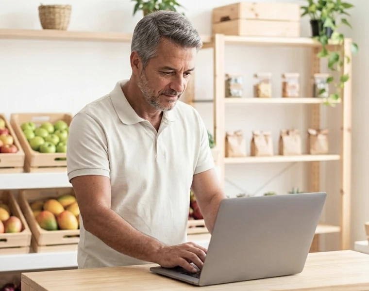 Comerciante usando o TagPlus no notebook entre caixas de frutas e verduras