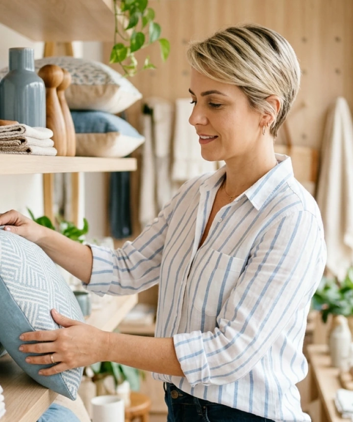 Vendedora organizando peças de decoração na loja