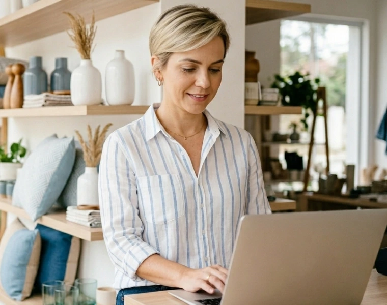 Lojista de casa e decoração usando o TagPlus no notebook