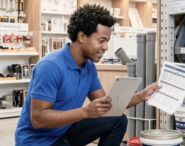 Lojista de material de construção usando o TagPlus no notebook