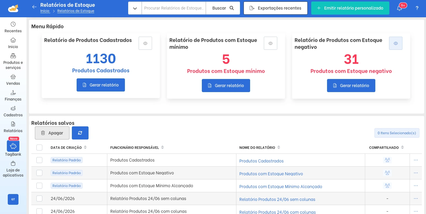 TagPlus Inventory Reports screen