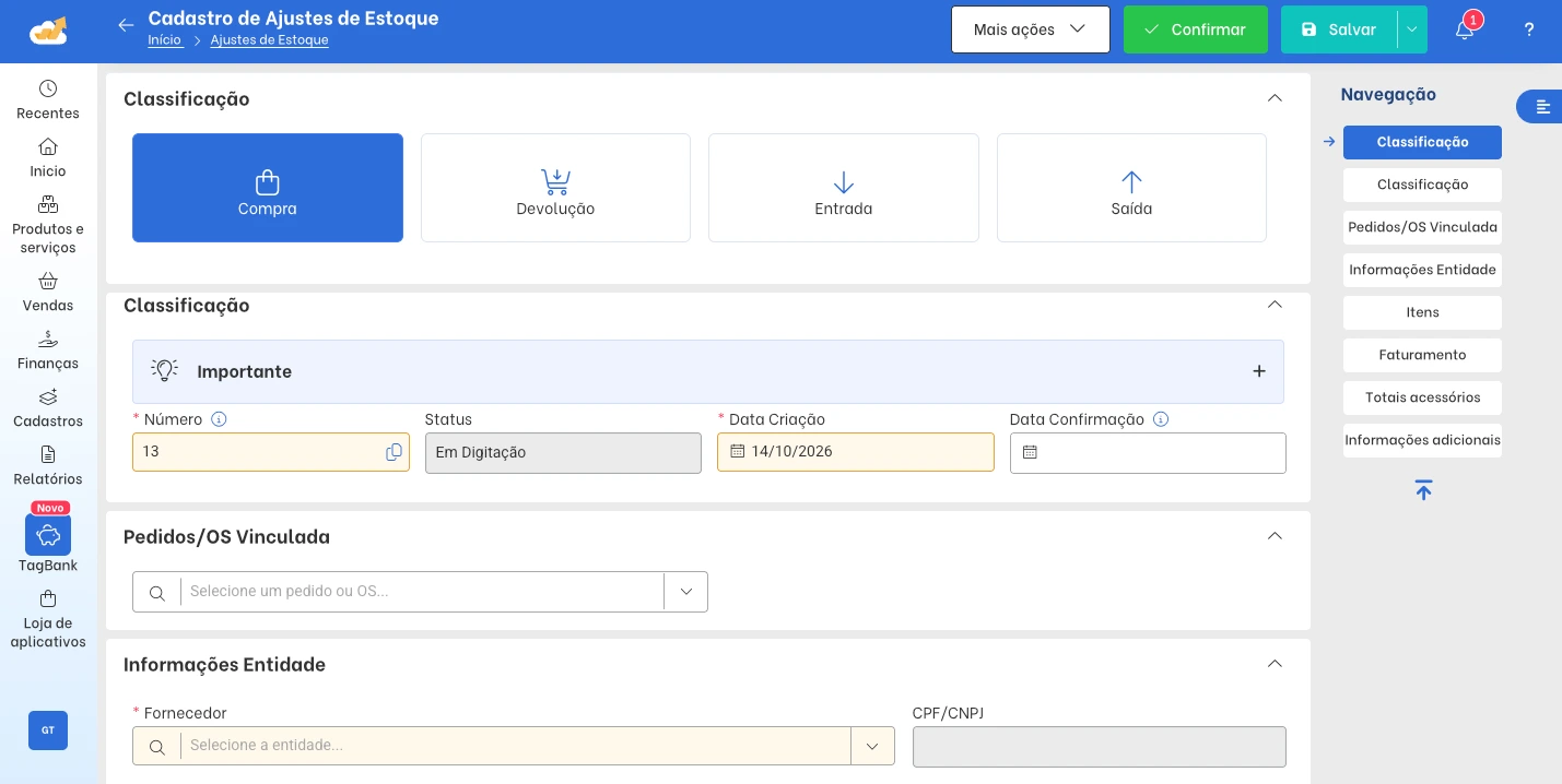 TagPlus Stock Adjustment screen, with the Purchase option selected