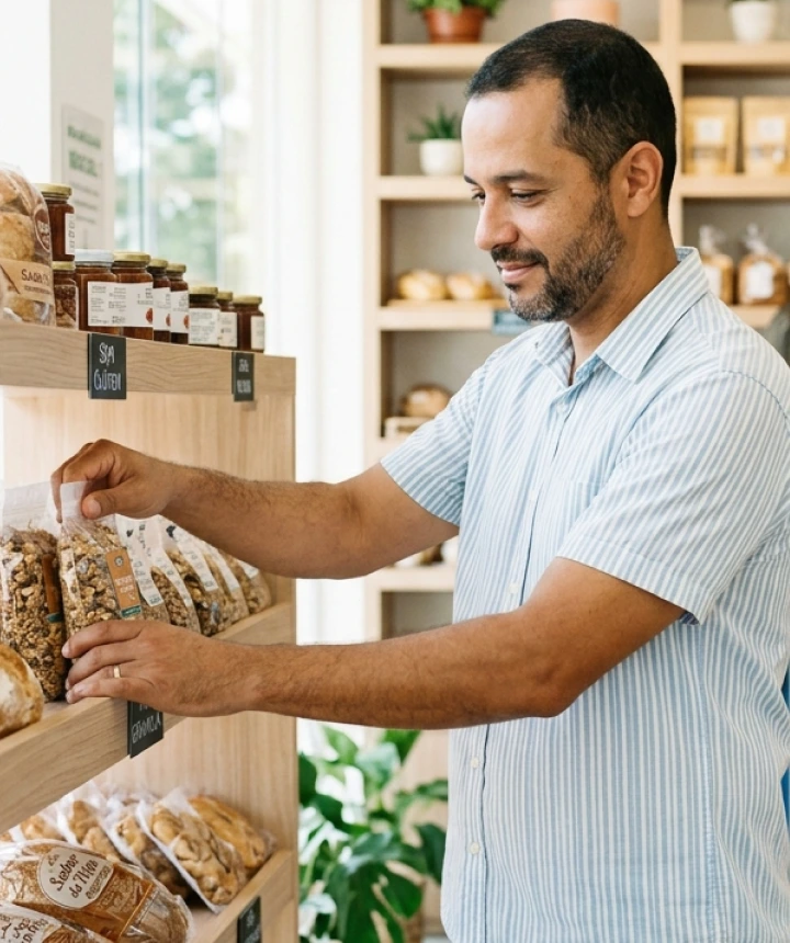 Shopkeeper checking products on the grocery store shelves