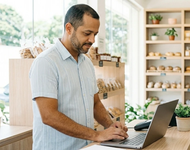 Grocery store owner using TagPlus on a laptop
