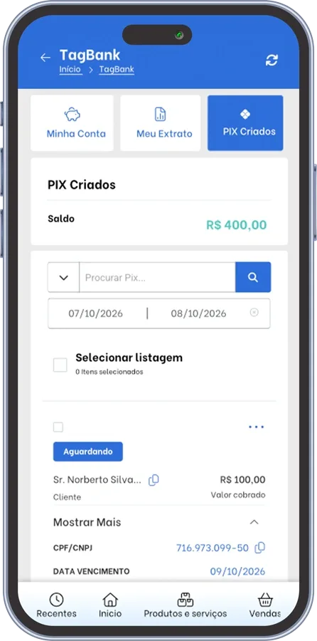 Celular mostrando o painel TagBank com o saldo e a lista de PIX criados