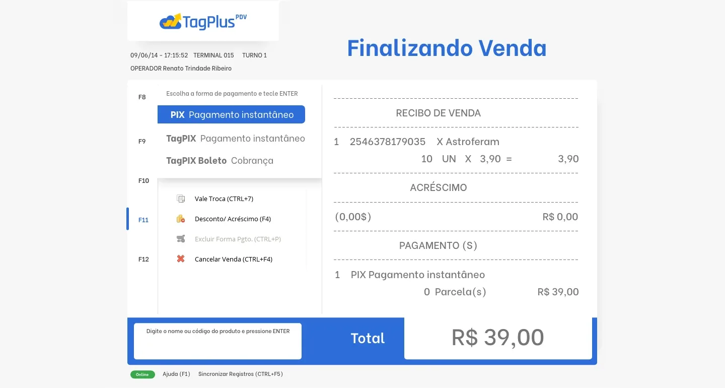 Tela do PDV TagPlus finalizando uma venda com pagamento via PIX